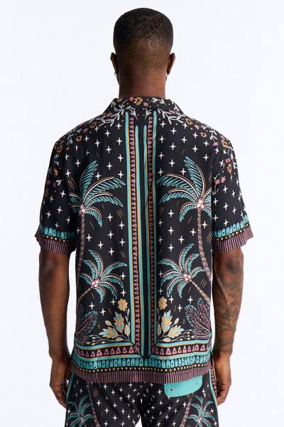 Tropical Twilight Resort Short Sleeve Cuban Collar Shirt - Black