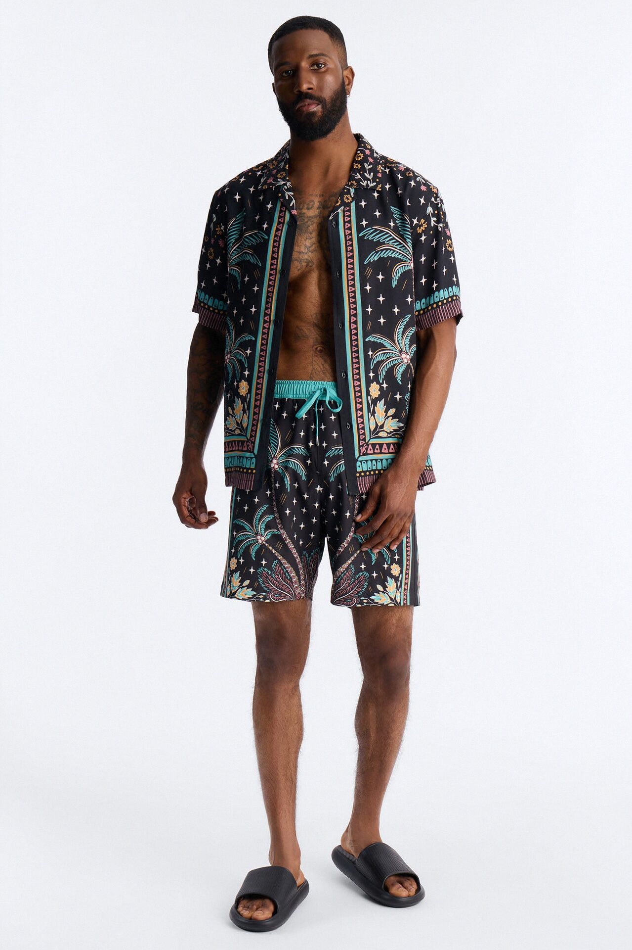 Tropical Twilight Resort Short Sleeve Cuban Collar Shirt - Black