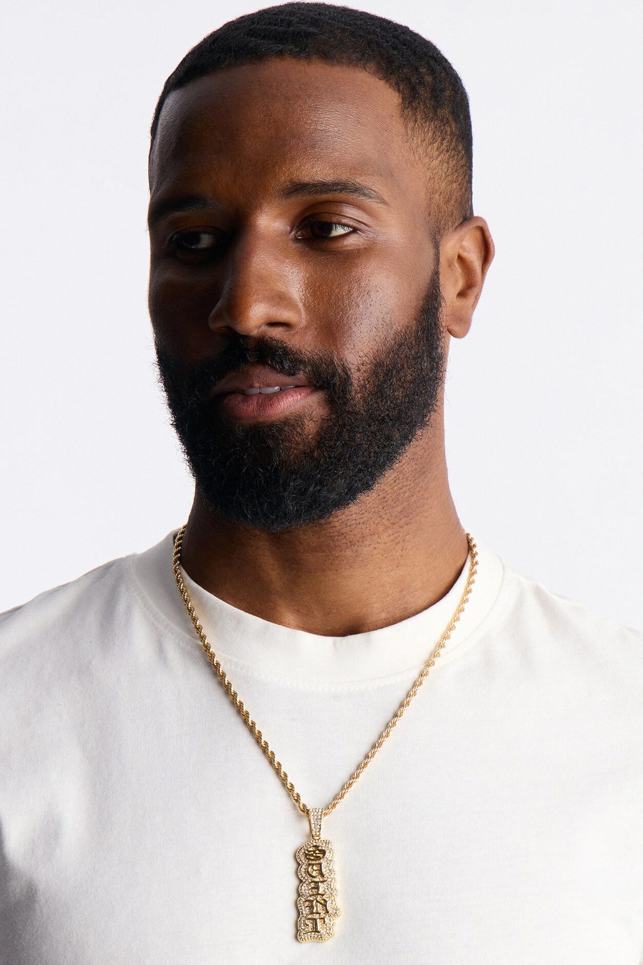 Saint Script Vertical Iced Pendant Necklace - Gold