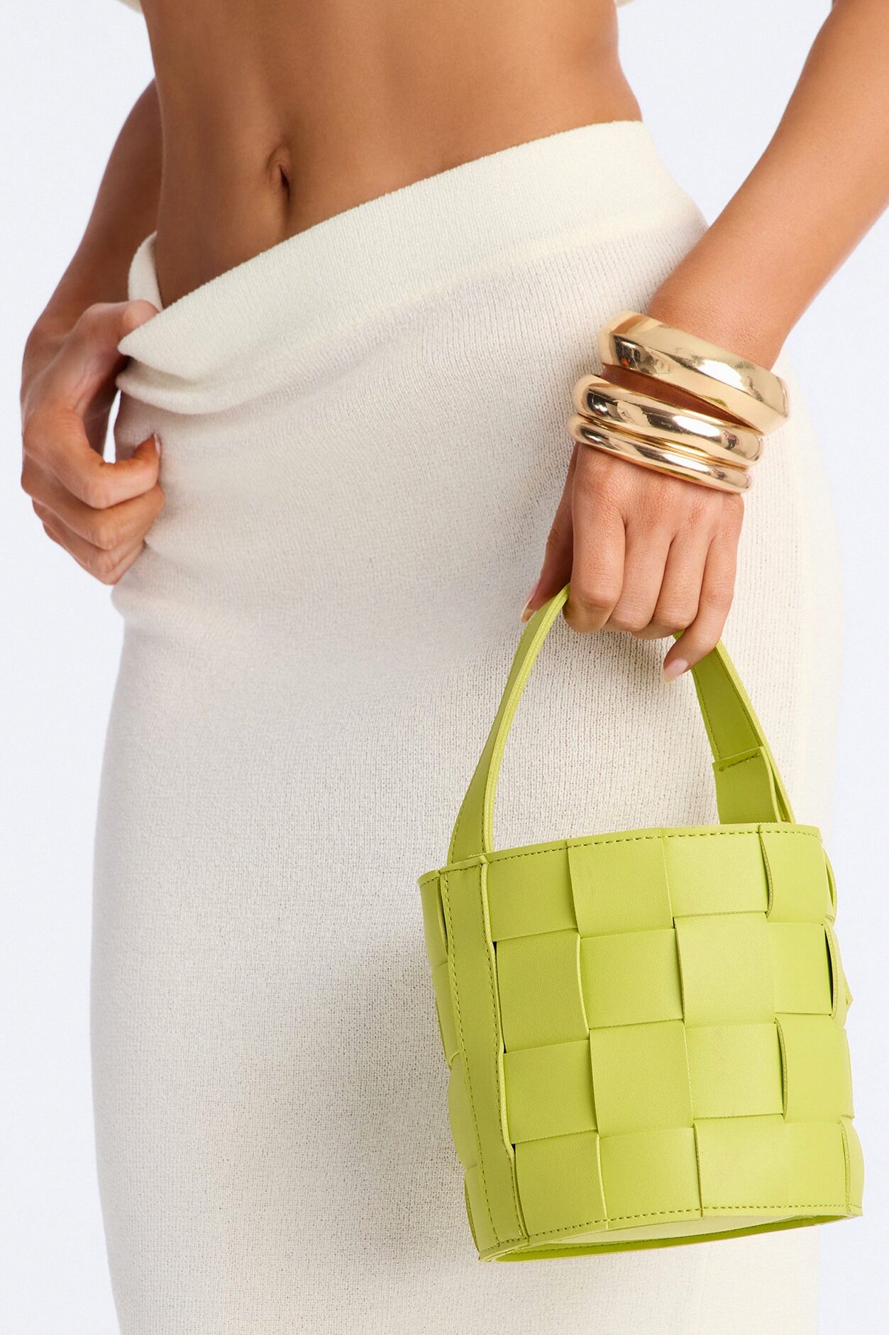 Hard To Find Woven Faux Leather Satchel Handbag - Chartreuse