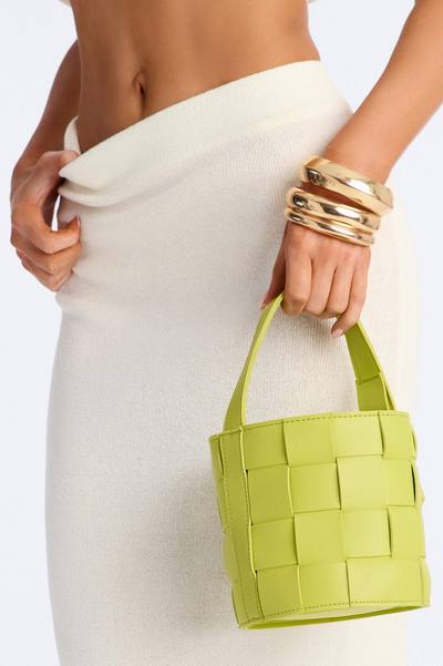 Hard To Find Woven Faux Leather Satchel Handbag - Chartreuse