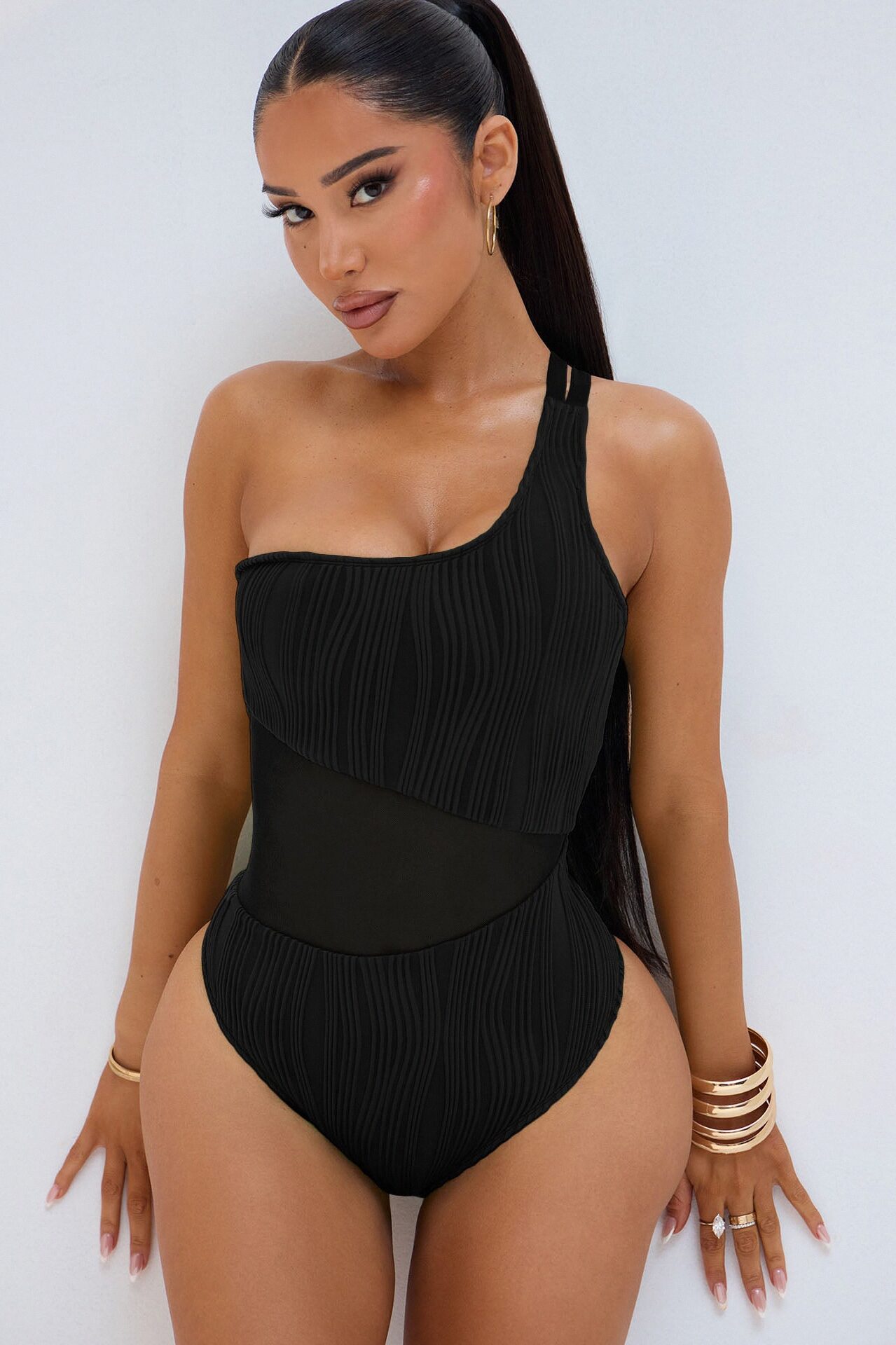 Marley Textured One Shoulder Mesh Cutout 1 Piece Swimsuit - Black