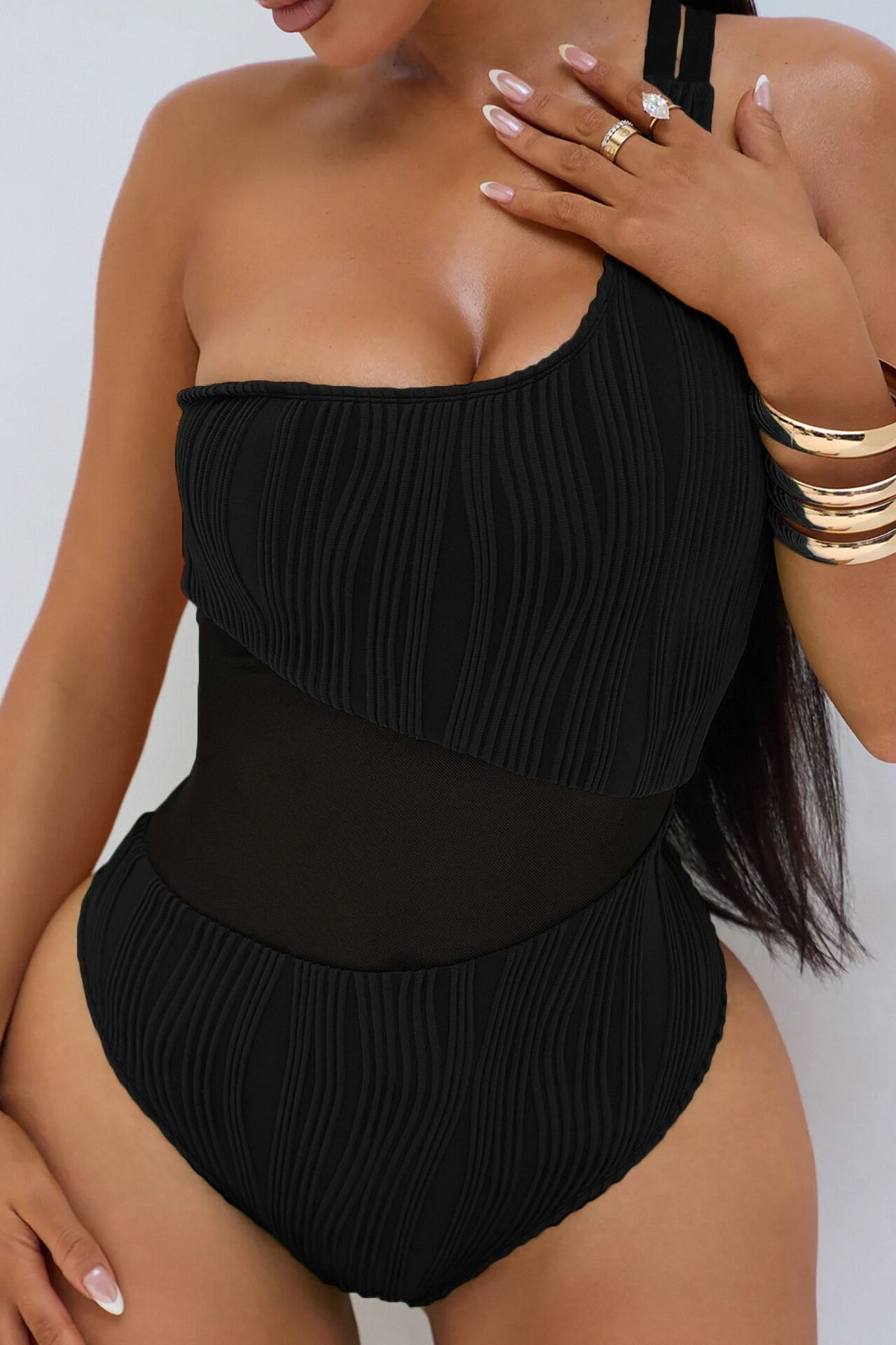 Marley Textured One Shoulder Mesh Cutout 1 Piece Swimsuit - Black
