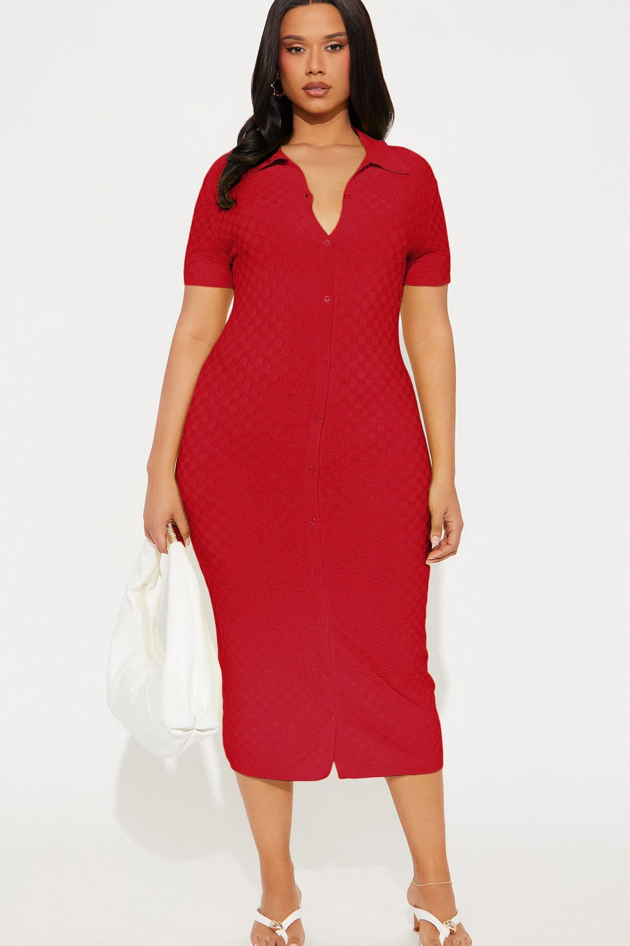 Match My Vibe Checkered Midi Dress - Red