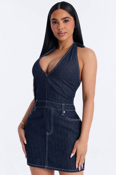 Alexa Halter Denim Mini Dress - Dark Wash