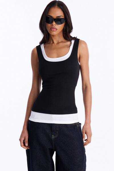 Ashlee Ribbed Layered Off Shoulder Tank Top - Black/White