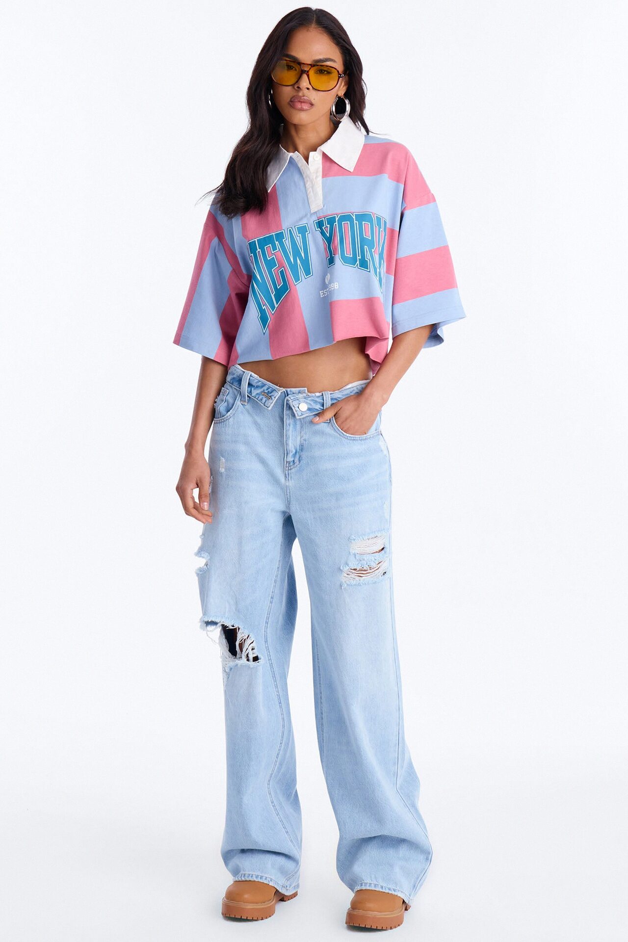 New York Polo Rugby Stripe Cropped Oversized Polo - Multi Color