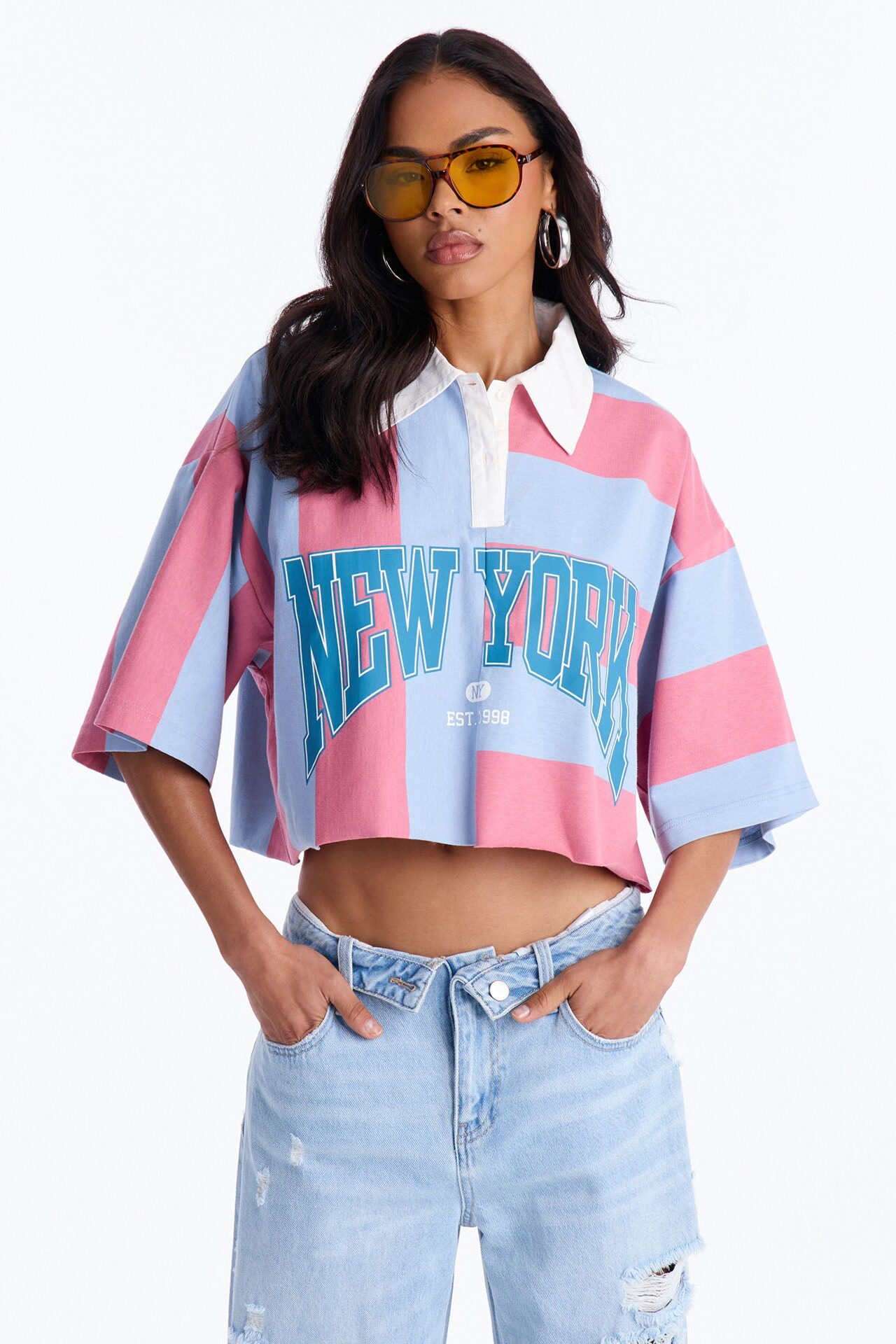 New York Polo Rugby Stripe Cropped Oversized Polo - Multi Color