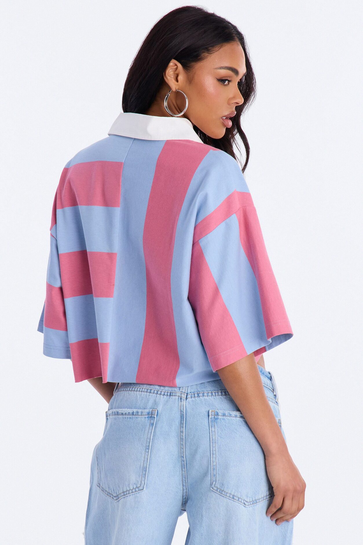 New York Polo Rugby Stripe Cropped Oversized Polo - Multi Color