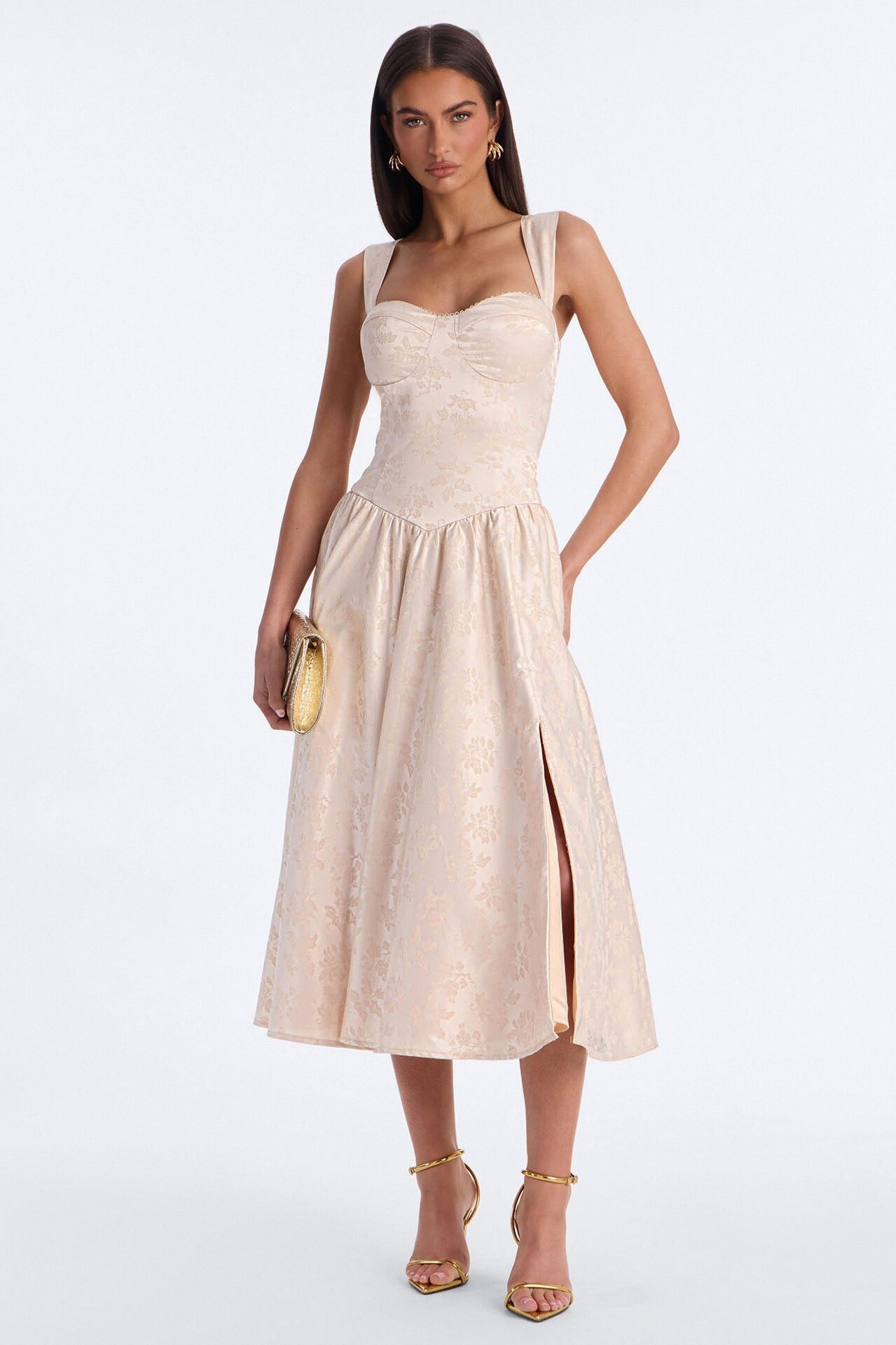 Arabella Pleated Jacquard Midi Dress - Blush