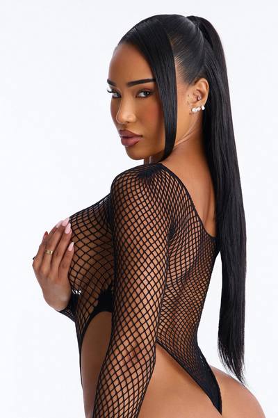 Need You Fishnet Long Sleeve High Leg Bodysuit - Black