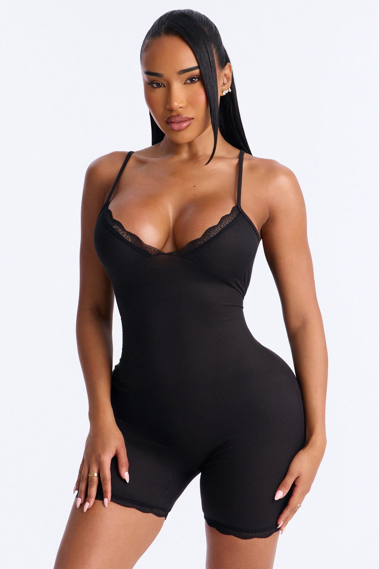 Slumber Party Cami Lace Trim PJ Romper Onesie - Black