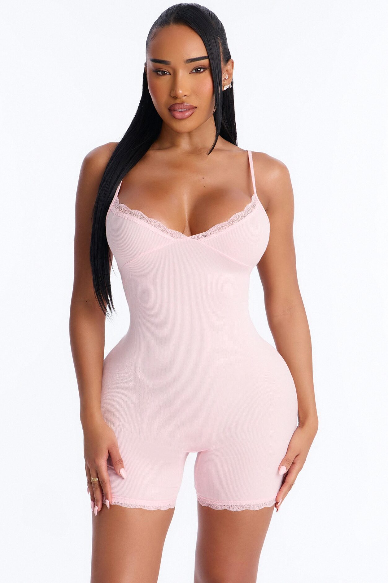 Slumber Party Cami Lace Trim PJ Romper Onesie - Pink