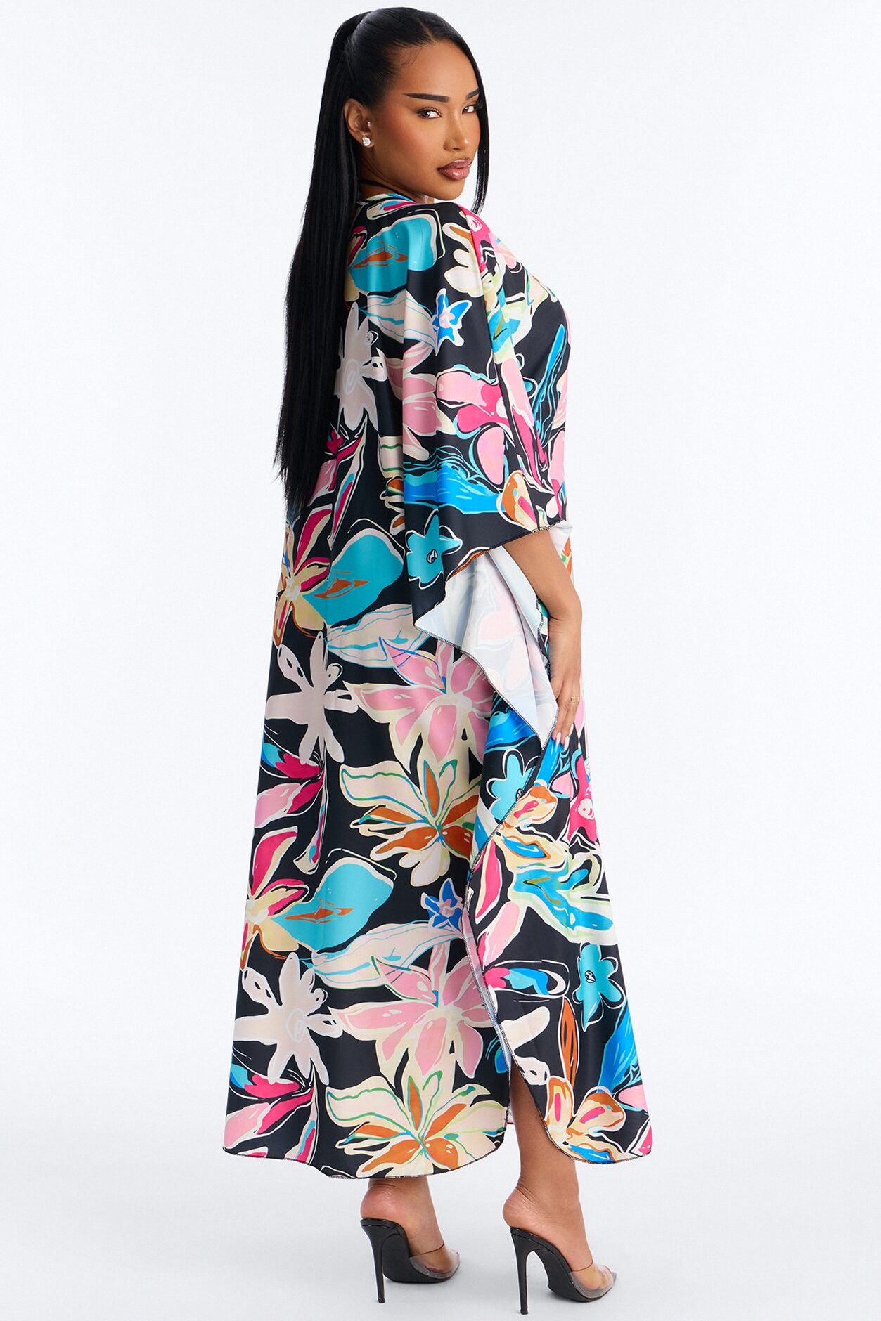 Find Me In Hawaii Floral Long Sleeve Kaftan Cover Up - Multi Color