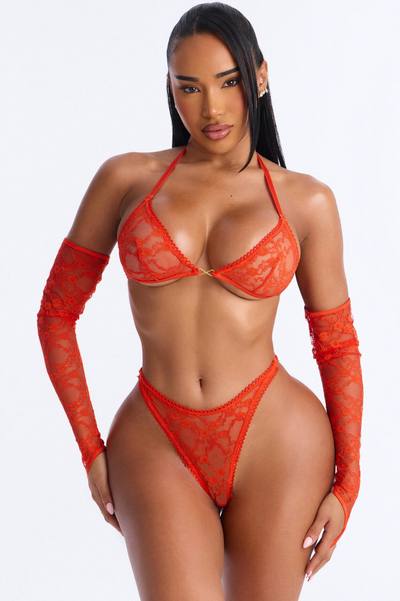 Up For It Lace 3 Piece Bra And Panty Set With Gloves - Tangerine
