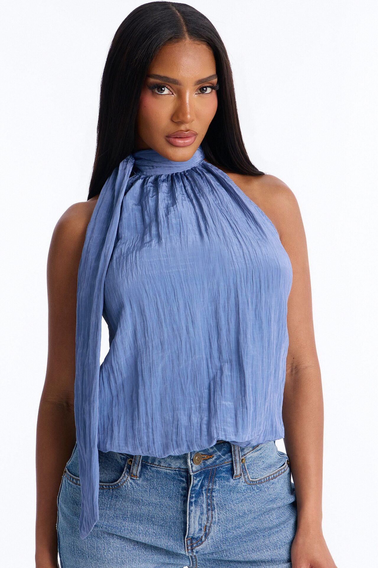 Stay Extra Scarf Plisse Top - Periwinkle