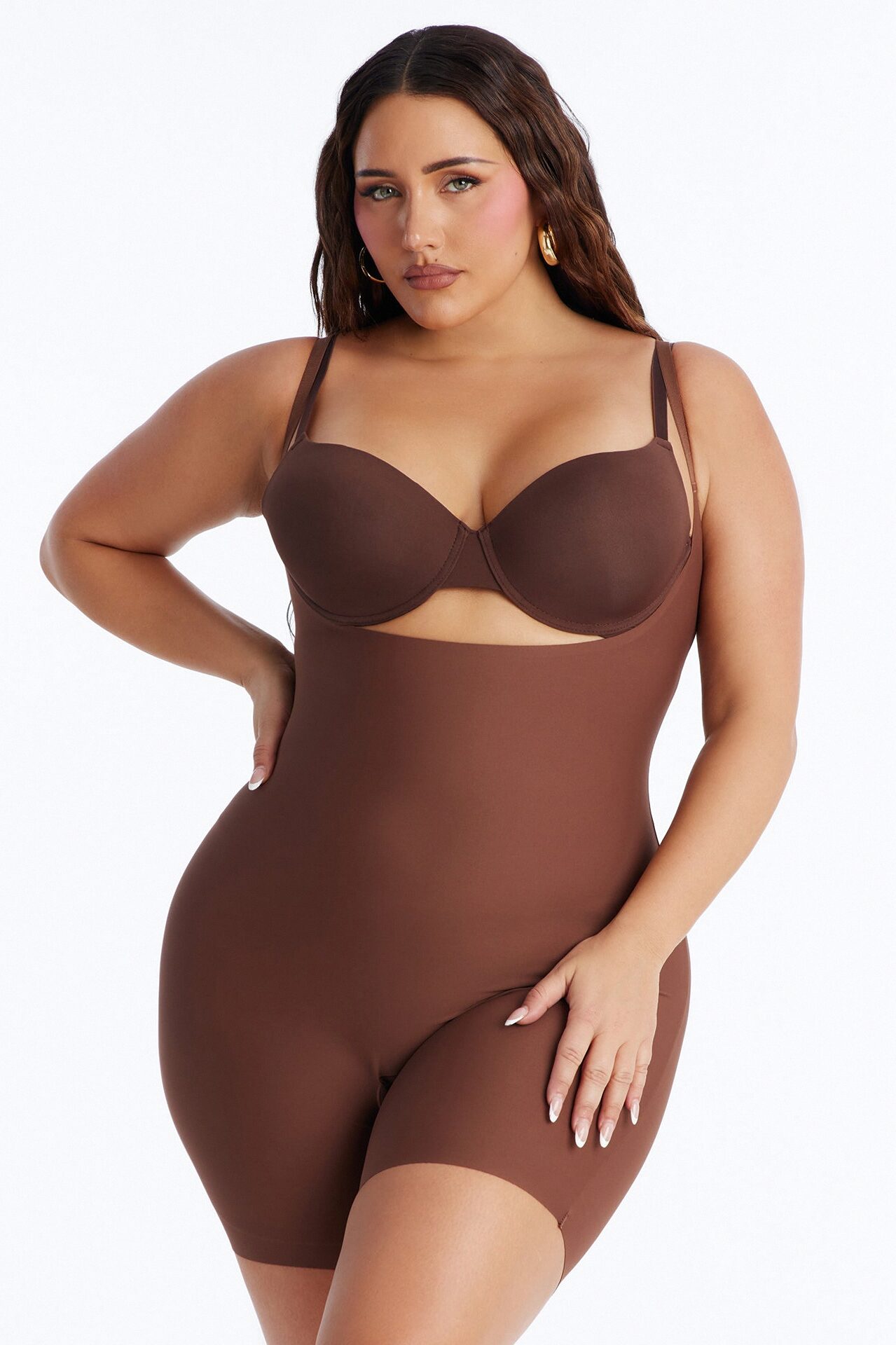 Total Control Core Sculpted Open Bust Mid Thigh Bodysuit - Mocha