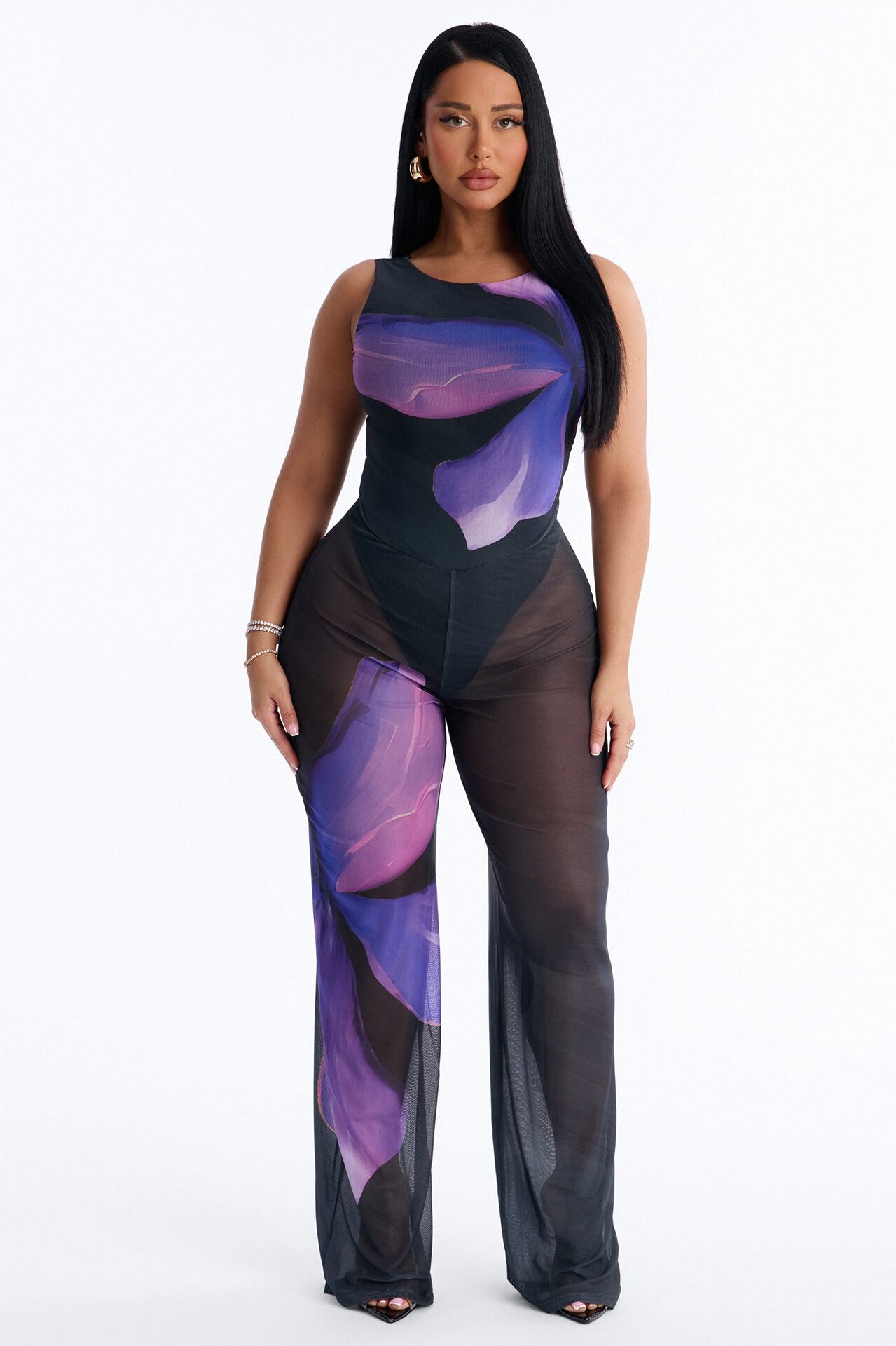 Yara Backless Mesh Jumpsuit - Purple