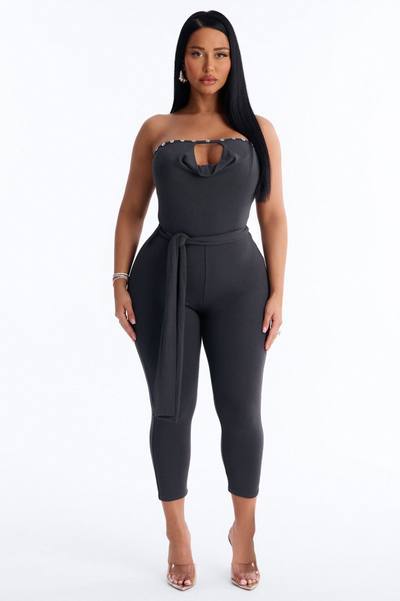 Sisi Strapless Embellished Jumpsuit - Charcoal