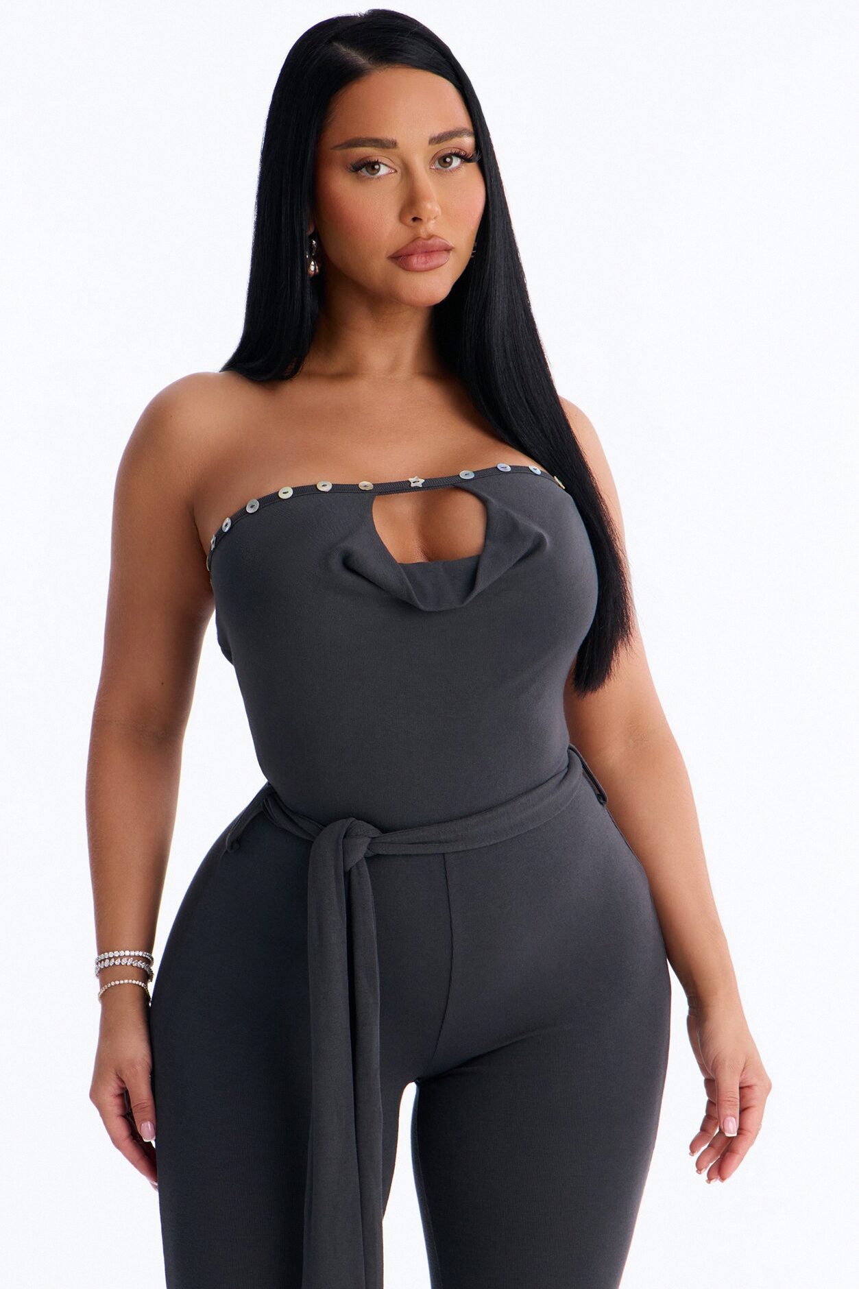 Sisi Strapless Embellished Jumpsuit - Charcoal