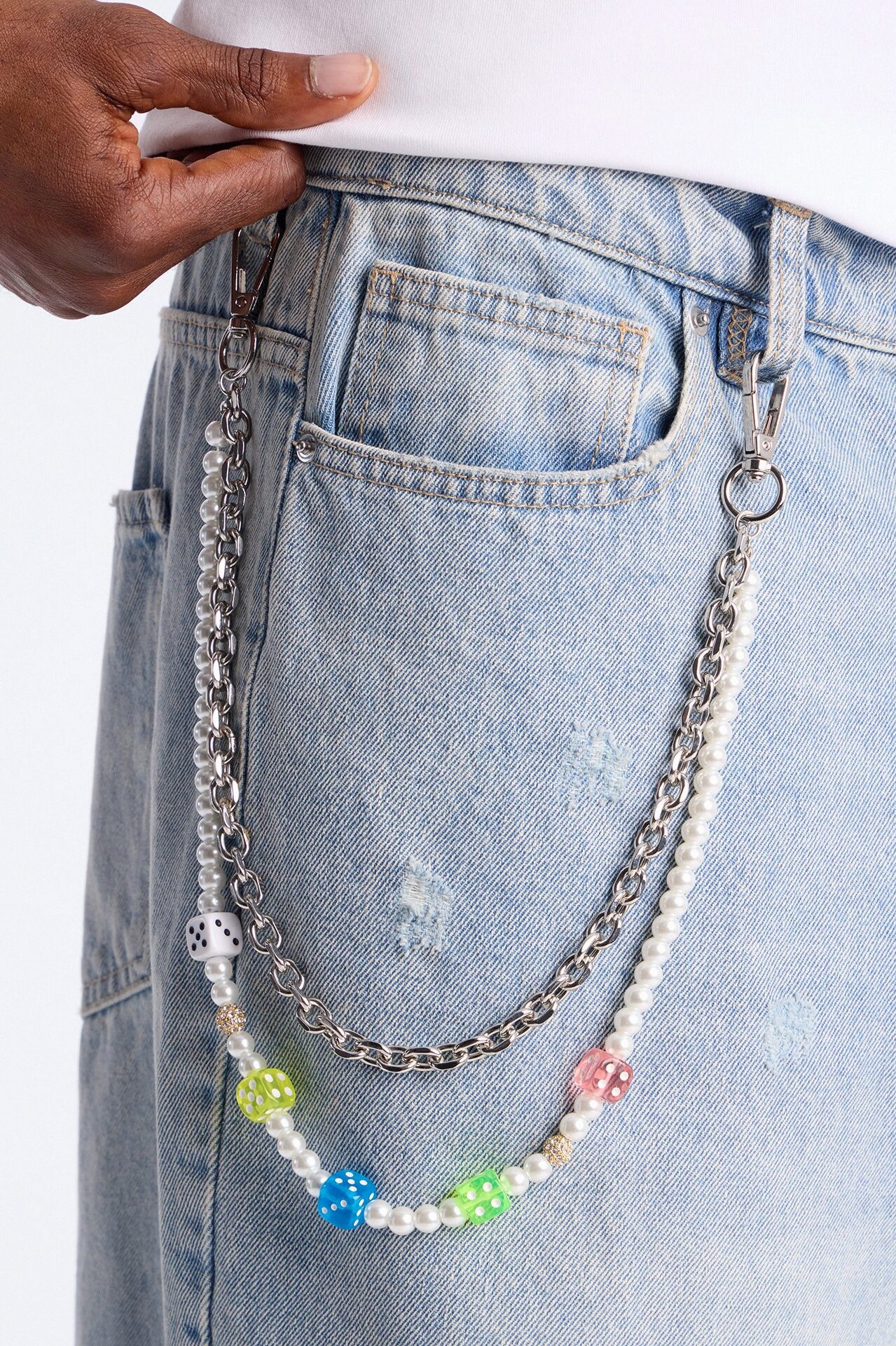 Colored Dice Pearl Stacked Pant Chain - Silver