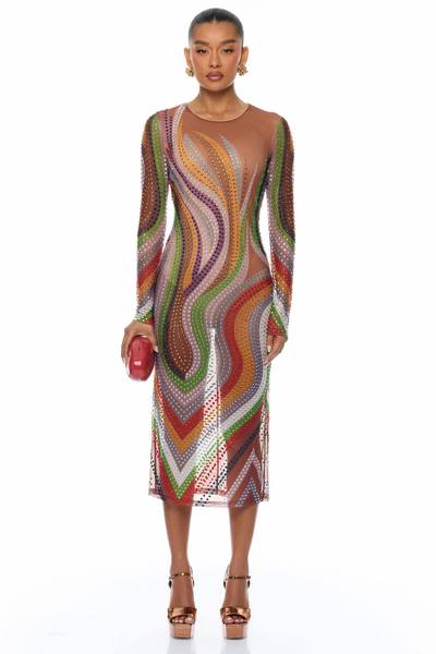 Zarah Long Sleeve Rhinestone Midi Dress - Multi Color