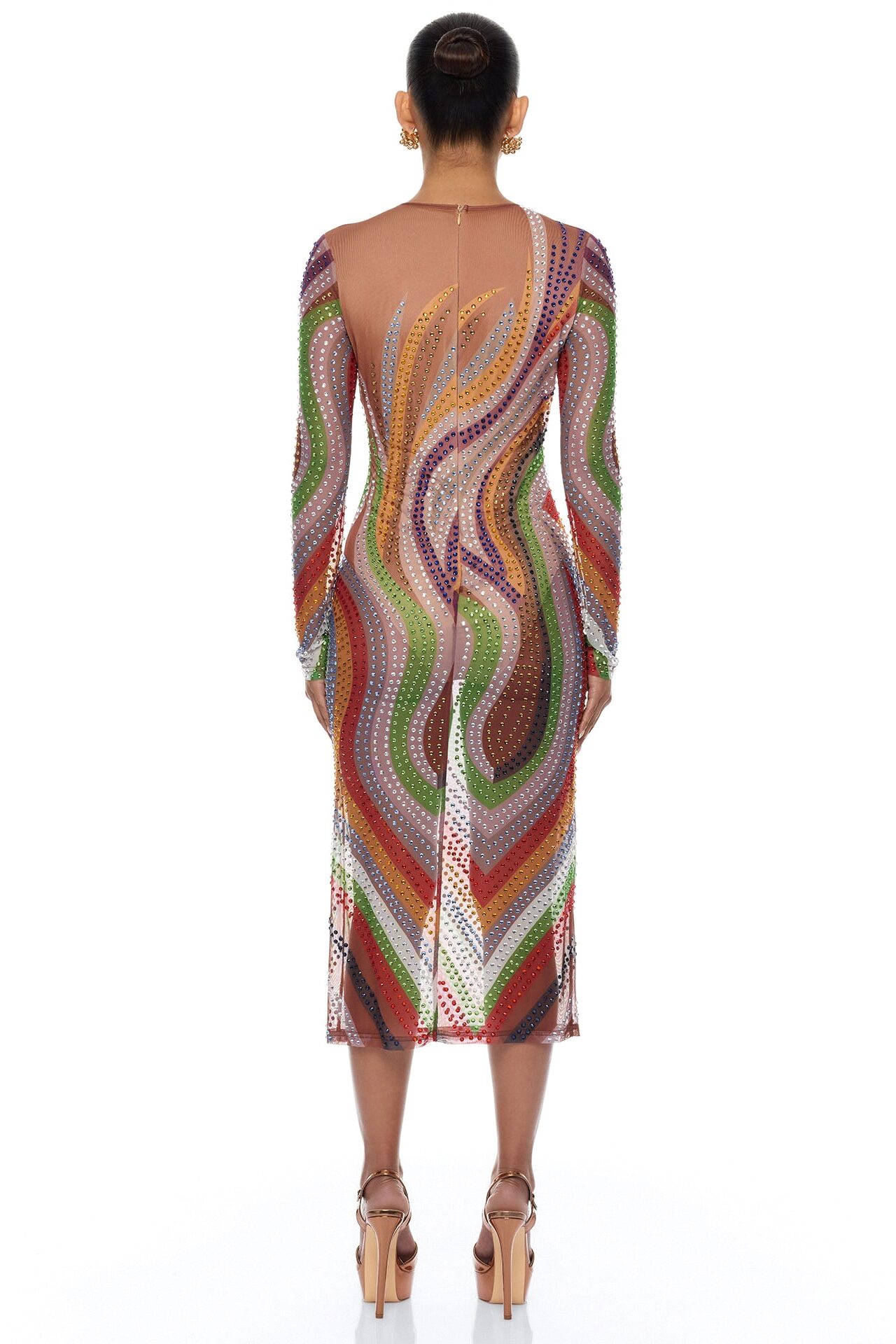 Zarah Long Sleeve Rhinestone Midi Dress - Multi Color