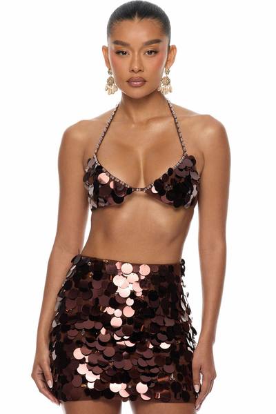 Mermaid Dreams Embellished Sequin Micro Mini Skirt Set - Brown
