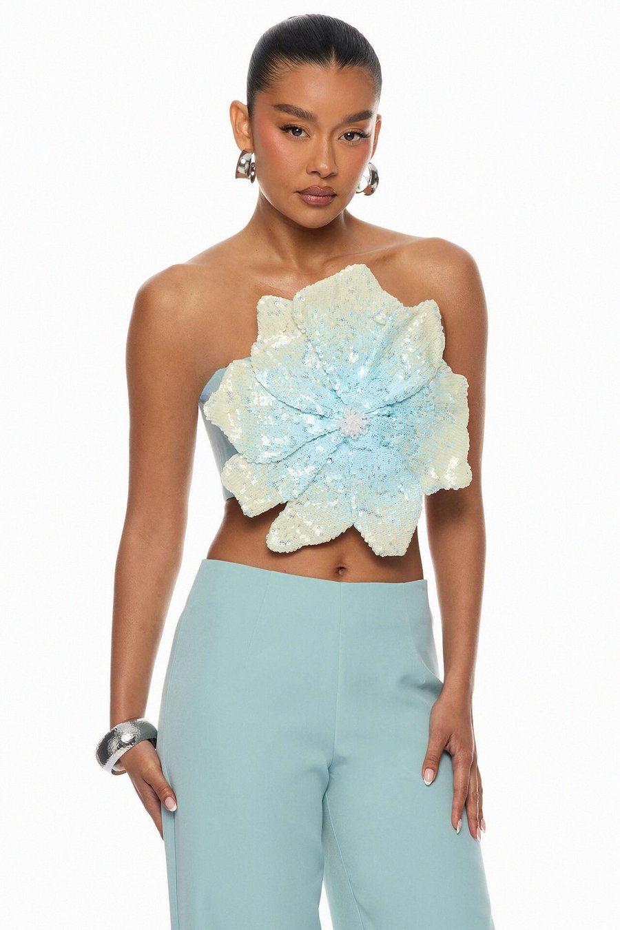 Garden Bloom Embellished Pant Set - Blue