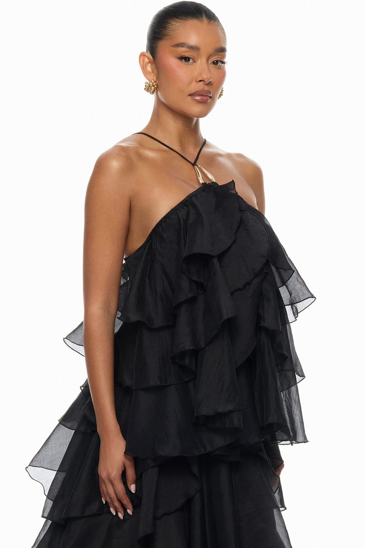 Lylah Ruffle Chiffon Maxi Dress - Black