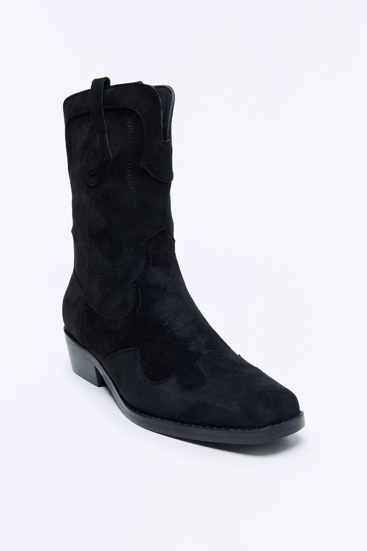 Western Faux Suede Pull On Cowboy Boots - Black