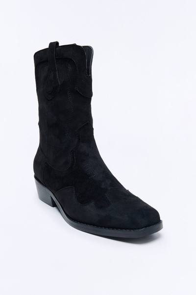 Western Faux Suede Pull On Cowboy Boots - Black