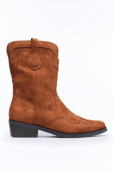 Western Faux Suede Pull On Cowboy Boots - Brown