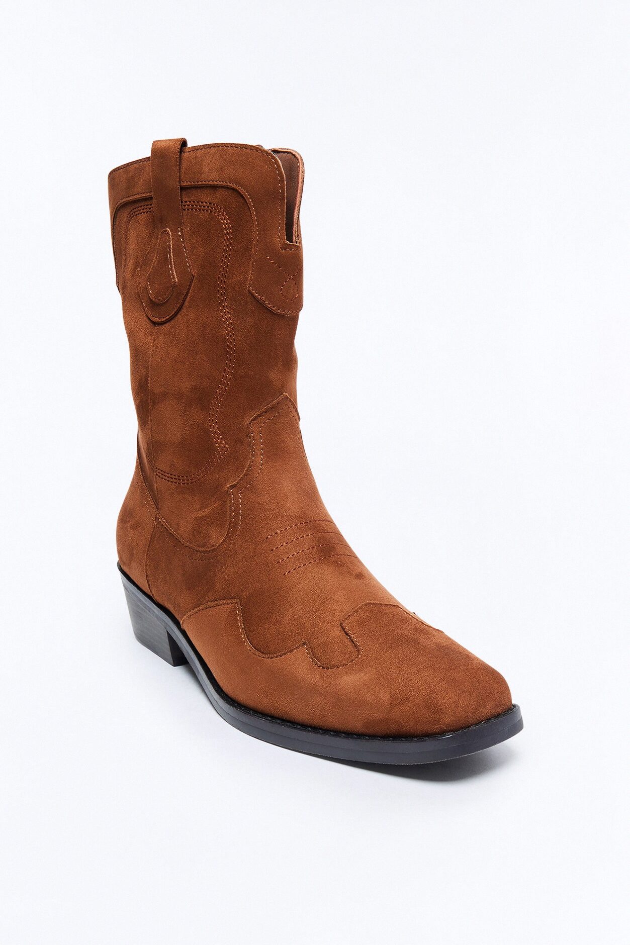 Western Faux Suede Pull On Cowboy Boots - Brown