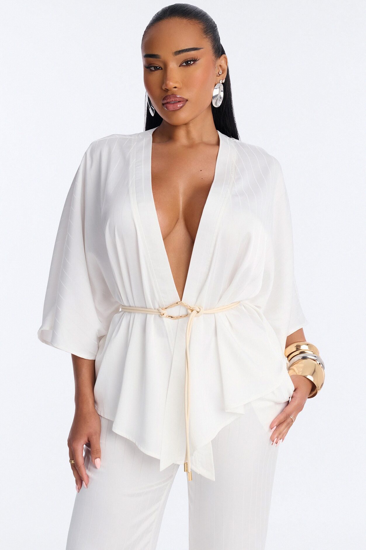 Draped In Elegance Satin 3 Piece Pant Set - Ivory