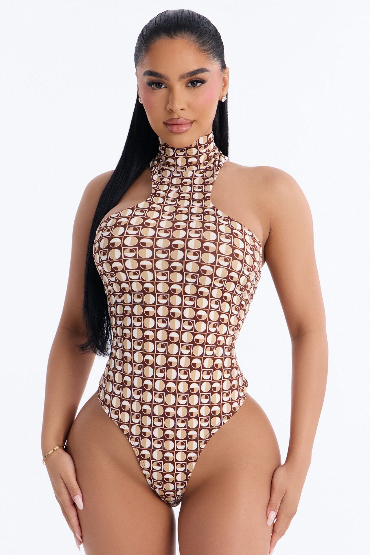 Retro Baddie Mock Neck Sleeveless Bodysuit - Brown/combo