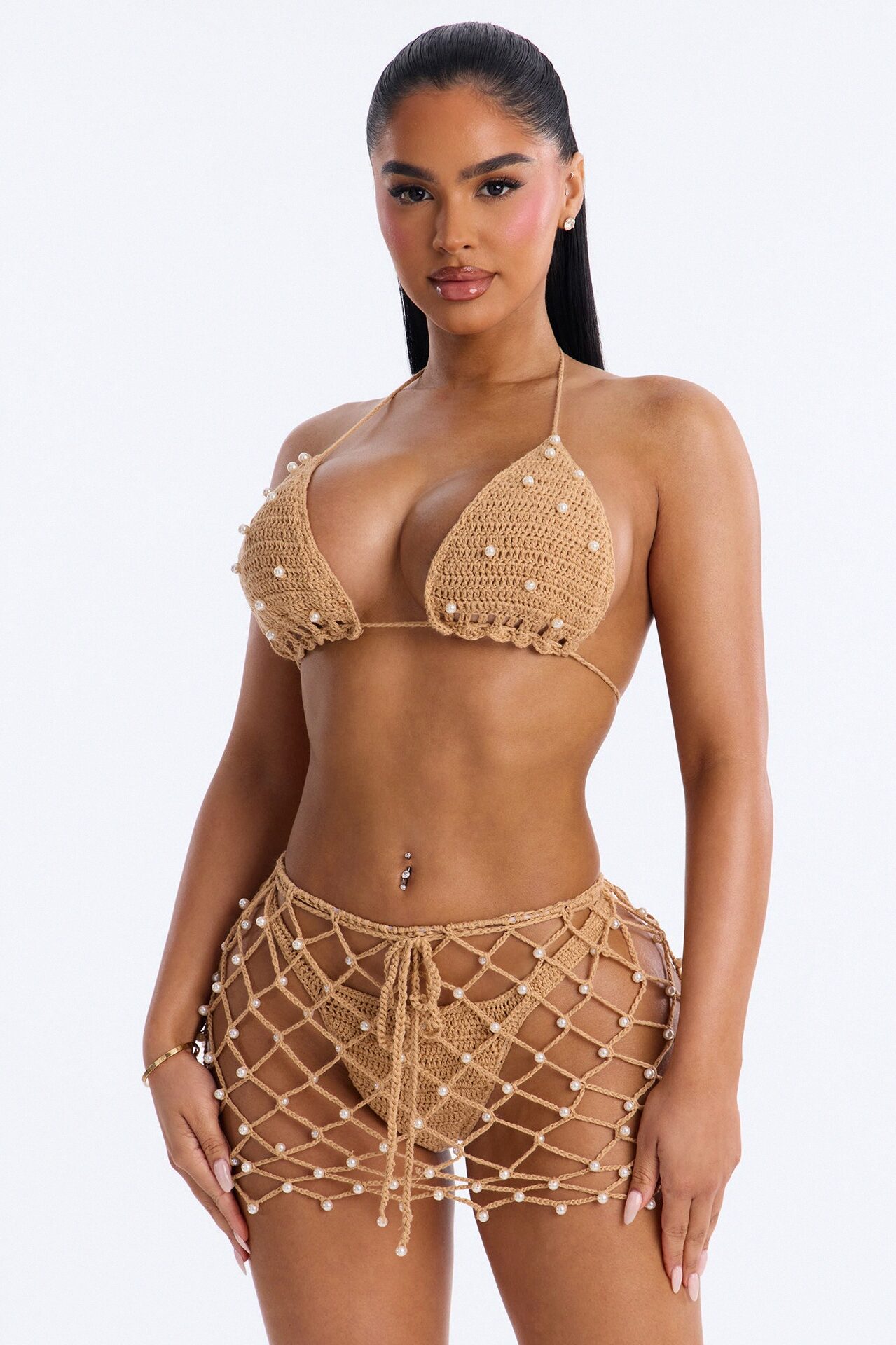 Kendra Crochet Pearls 3 Piece Bikini Skirt Set - Taupe