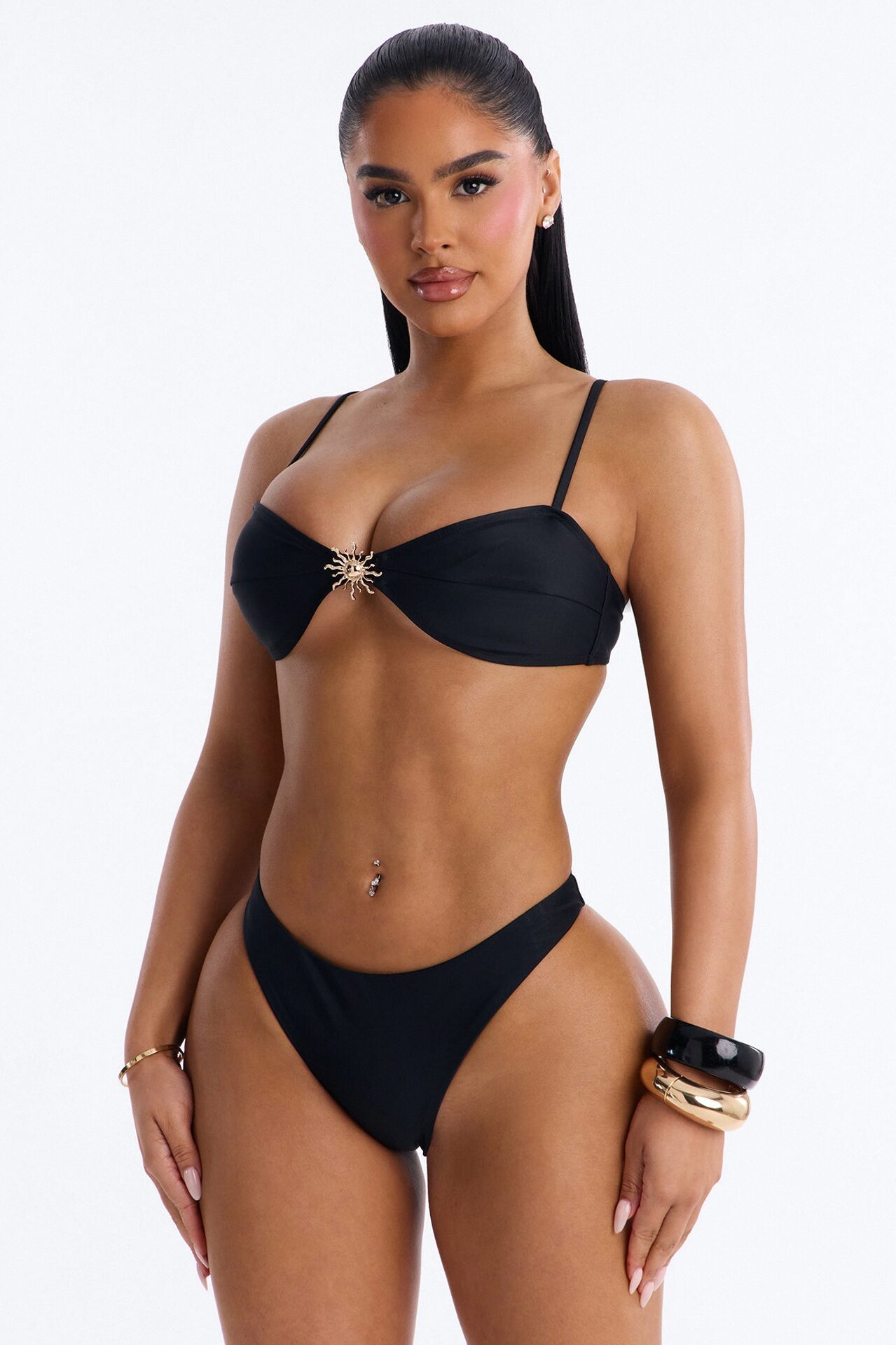 Solana 2 Piece Sequin Bandeau Bikini & Cover Up Skirt Sunsuit - Black/Gold