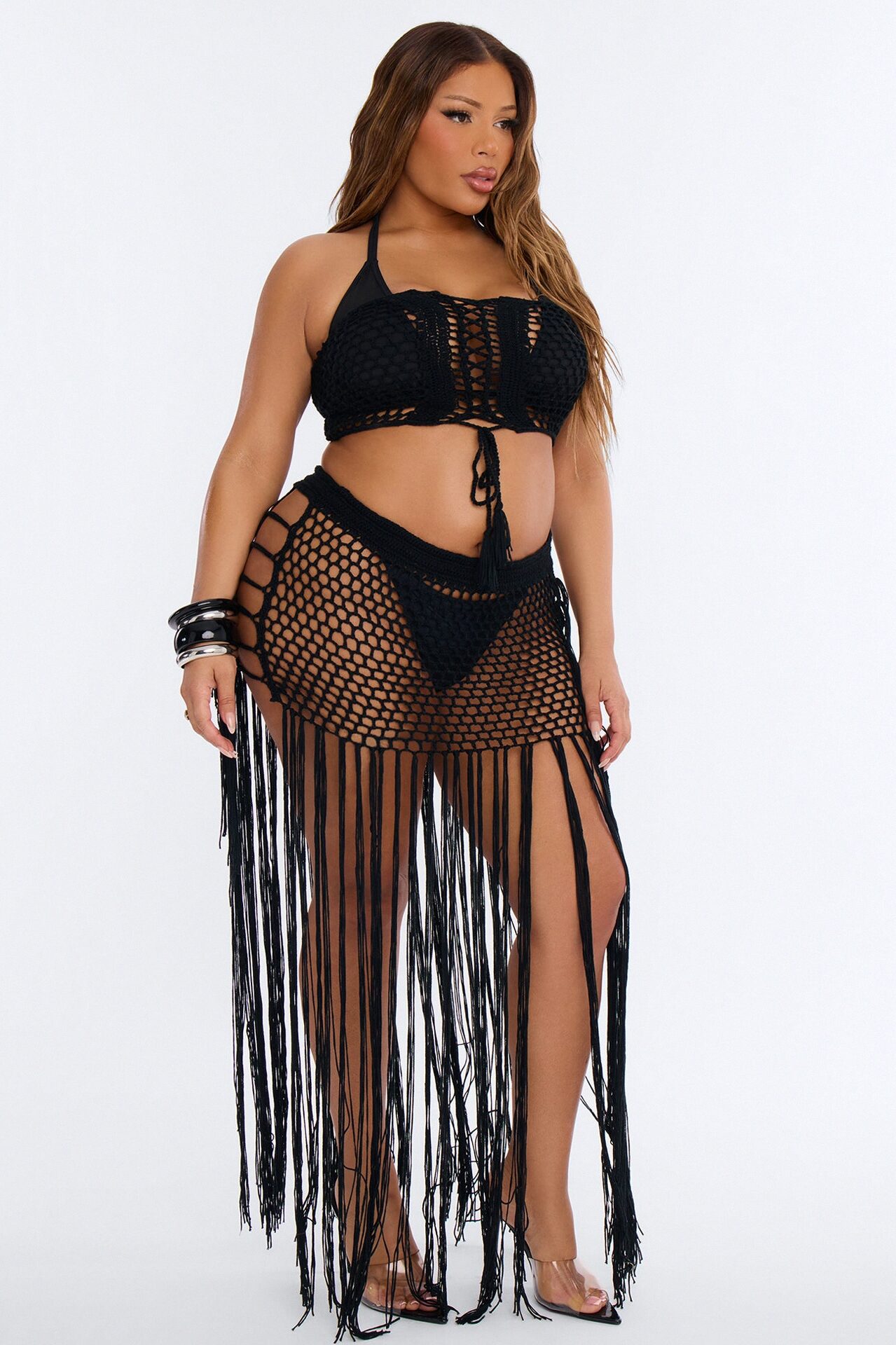 Gemma Lace Up Fringe Trim Swim Cover Up Skirt - Black