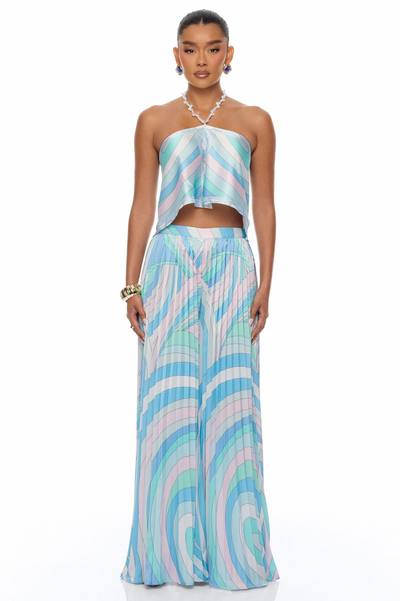 Sadie Pleated Satin Pant Set - Blue/combo