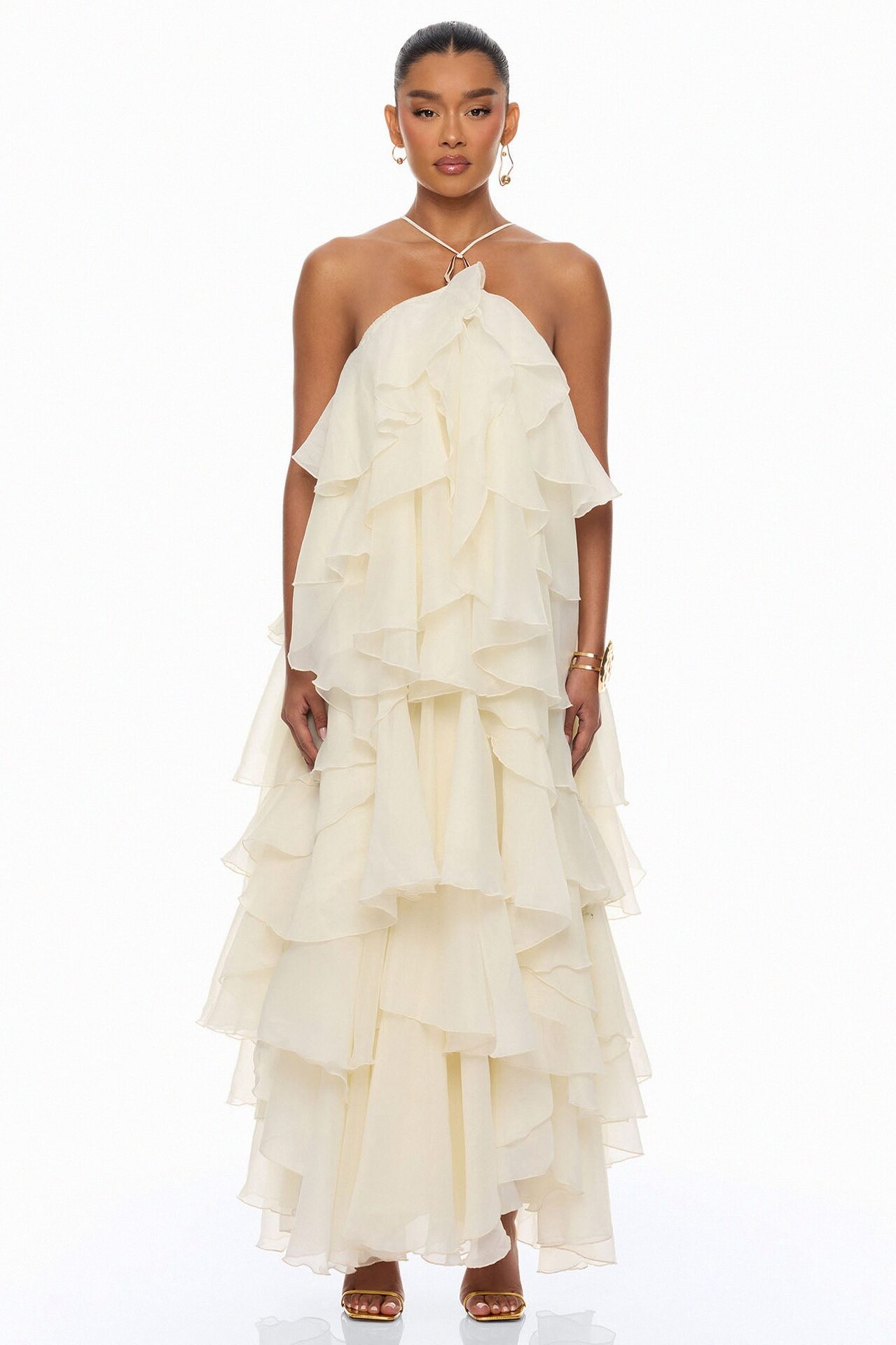 Lylah Ruffle Chiffon Maxi Dress - Cream