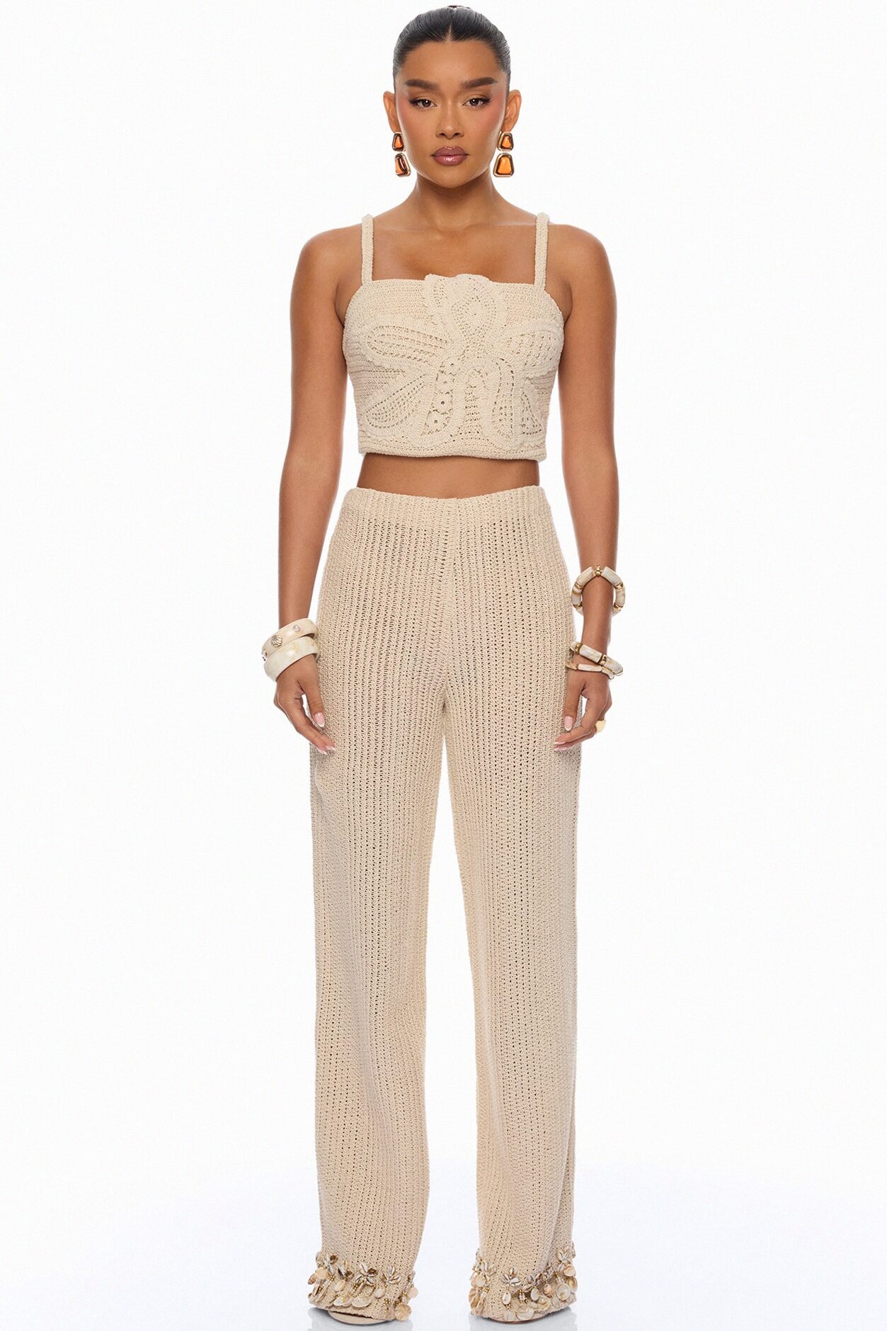 Coastal Vibe Shell Crochet Pant Set - Sand