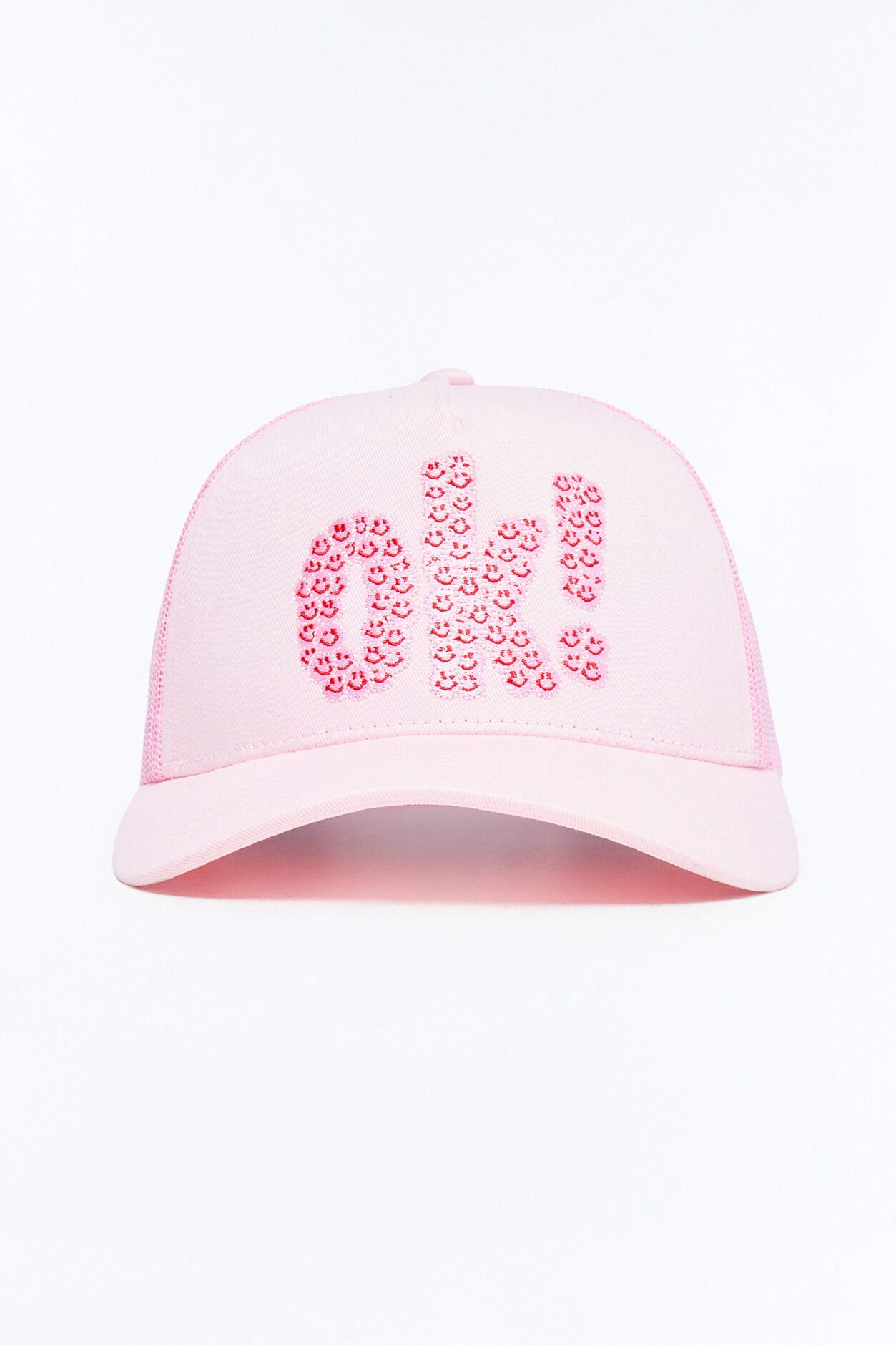 Smiling Ok Patch Snapback Trucker Hat - Light Pink