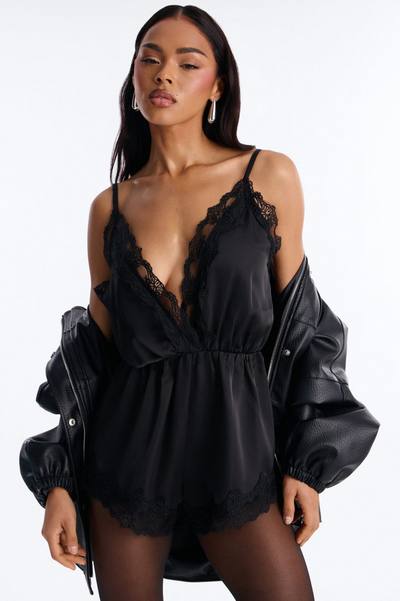 Rina Satin Lace Trim Micro Romper - Black
