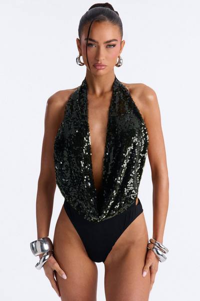 Sea Goddess Sequin Cowl Neck Halter Bodysuit - Green