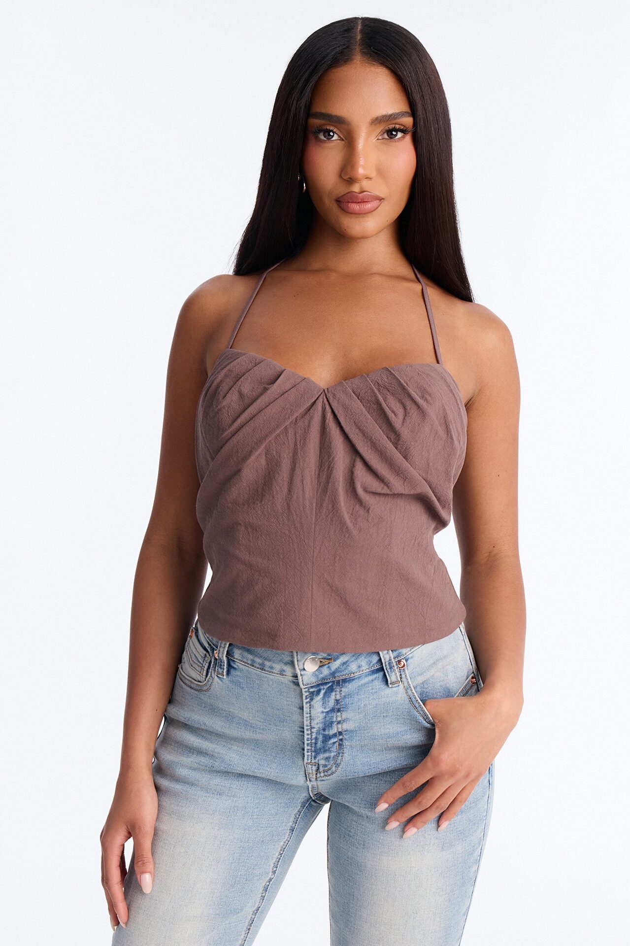 Flirty Fit Check Pleated Twill Cami Top - Chocolate