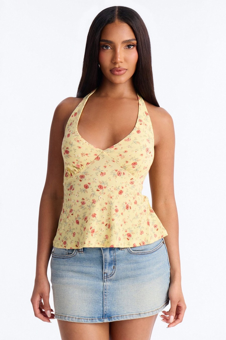 Rosie Double Lined Floral Halter Neck Top - Yellow
