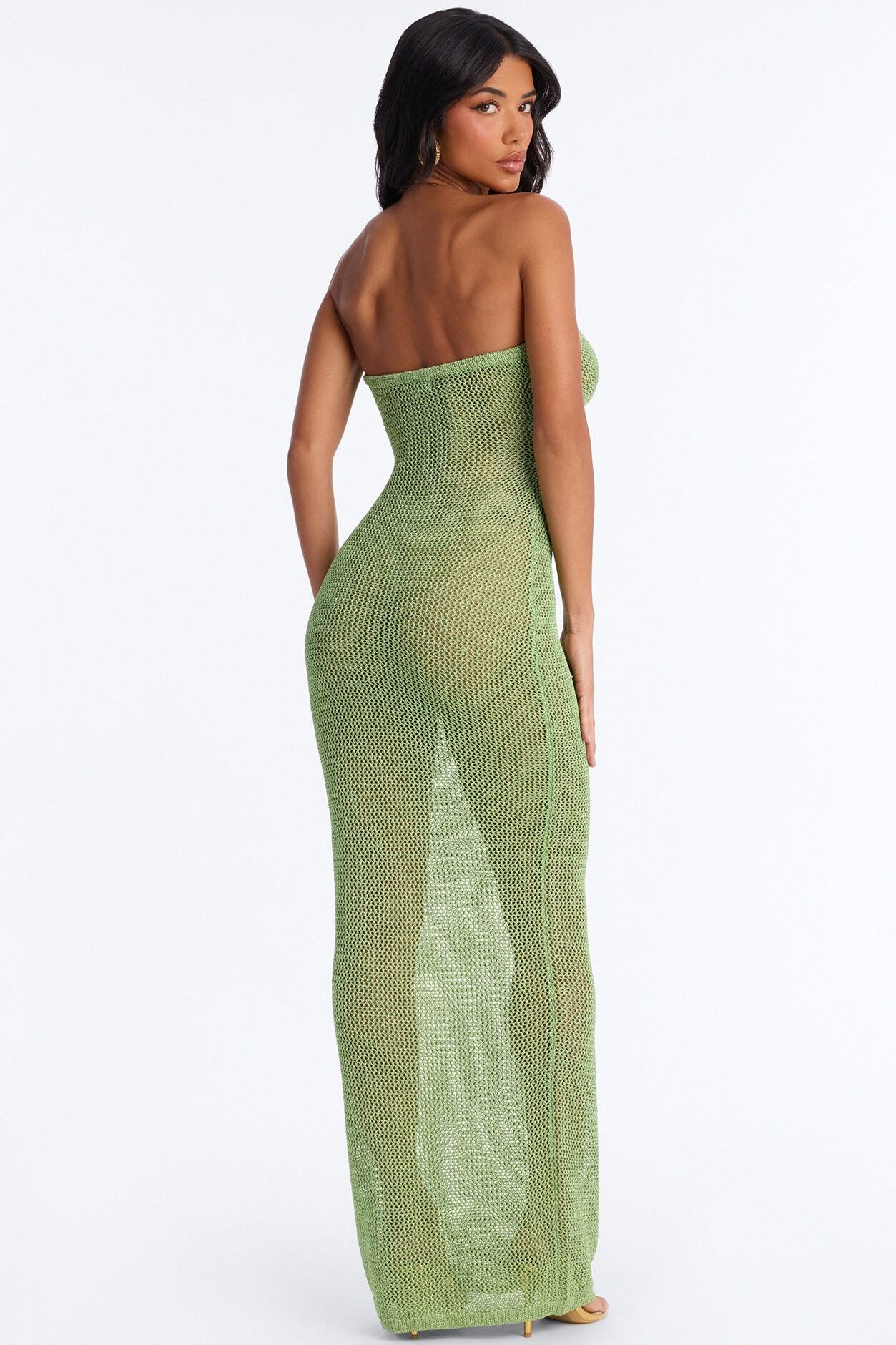 Island Heat Fringe Metallic Crochet Maxi Dress - Green