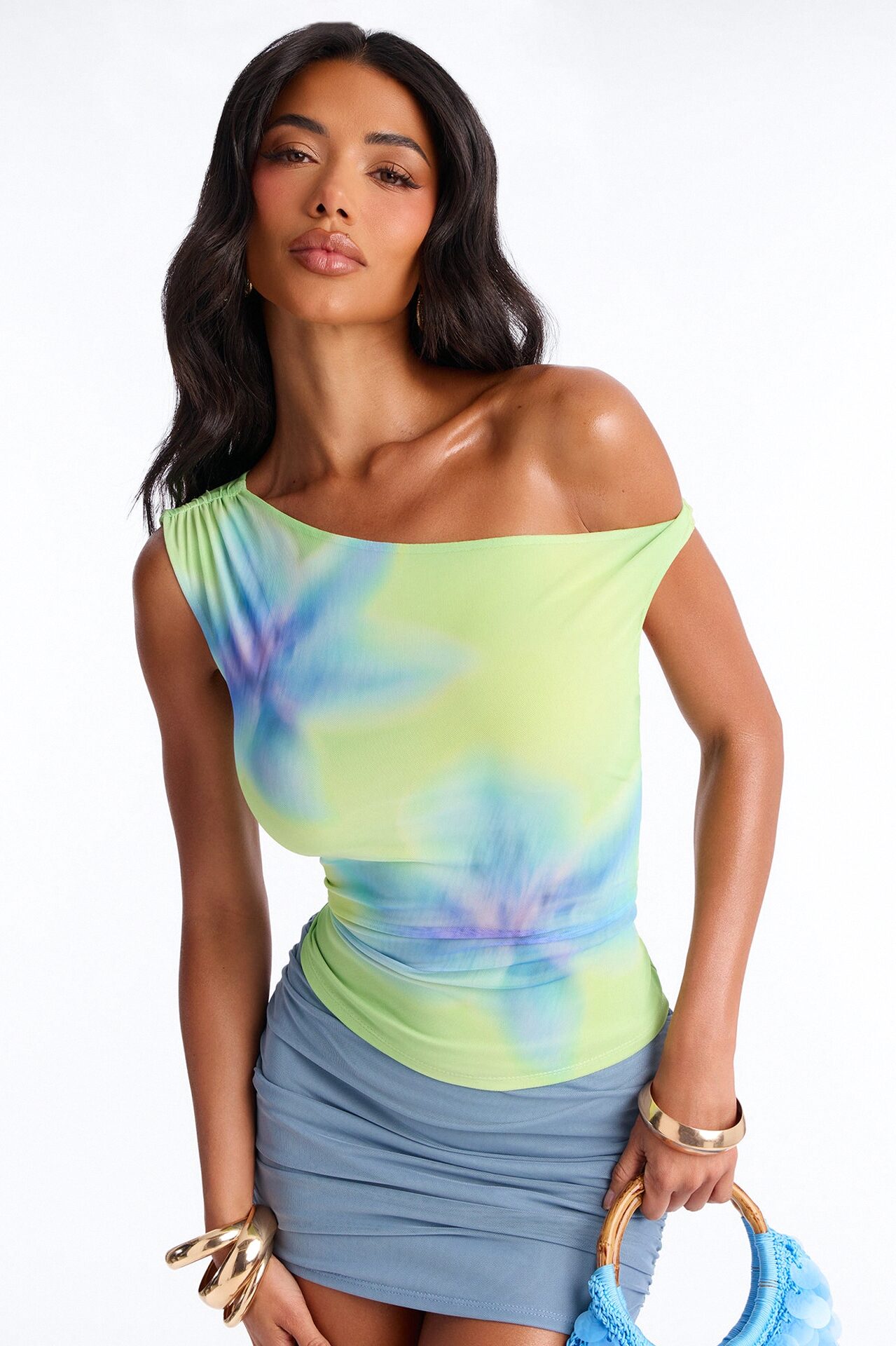 Paradise Petals Off Shoulder Short Sleeve Top - Green/combo