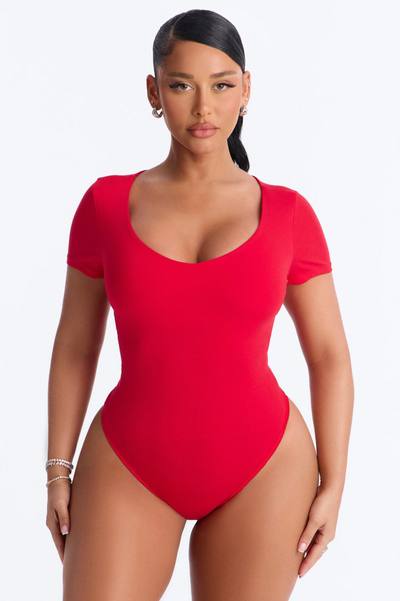 Marion Double Lined V Neck Bodysuit - Red